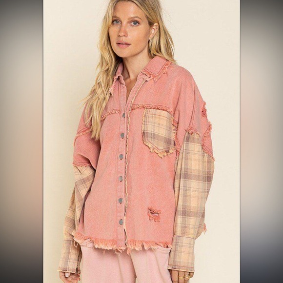 POL Tops - POL Pink Distressed Denim Plaid Patchwork Shirt Jacket Women's M